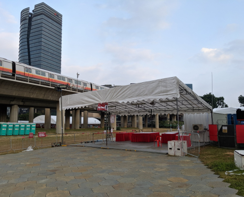 Single Slope Tent covering tables and chairs